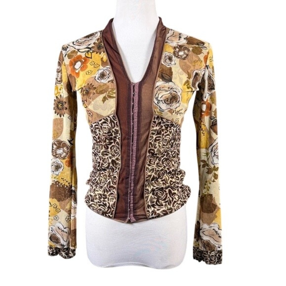 ANAC Designed by Kimi Womens Mesh‎ Corset Top Long Sleeve Floral Brown Tan Small